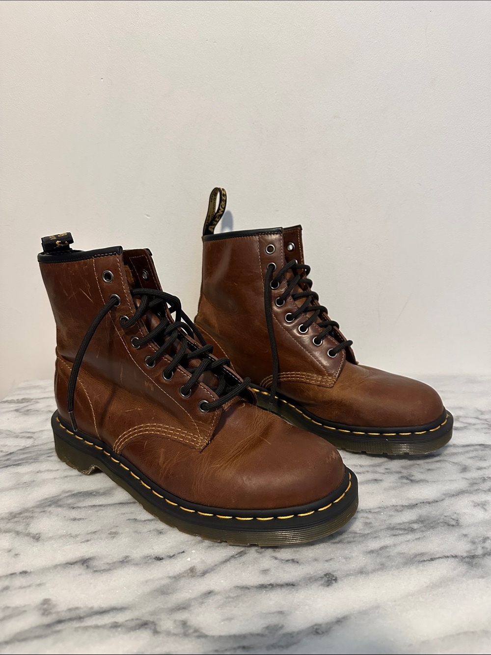 Dr. Martens Brown Leather 8-Eye Lace-Up Boots with Yellow Stitching size 9
